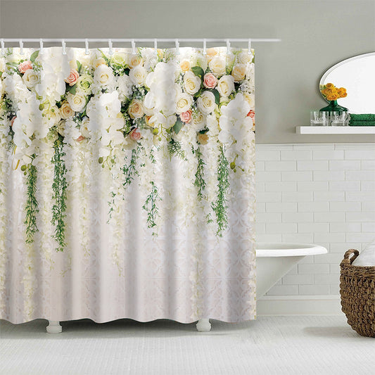 Thick heavy duty waterproof shower curtain hanging straight on a rod in a white bathroom
