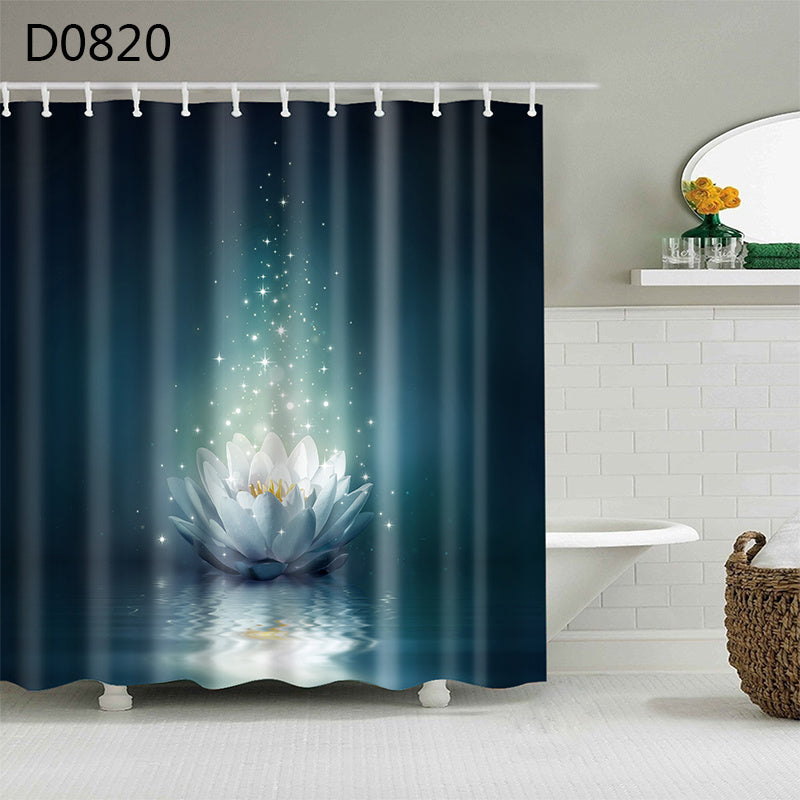 Thick shower curtain hanging on a standard rod with standard curtain rings in a bathroom
