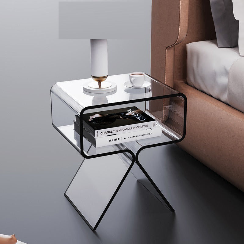 Transparent white and transparent black acrylic side tables shown side by side for color comparison
