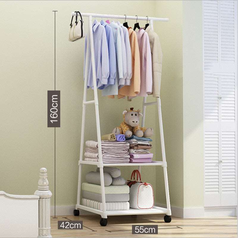 Triangle coat rack fully loaded with coats and bags