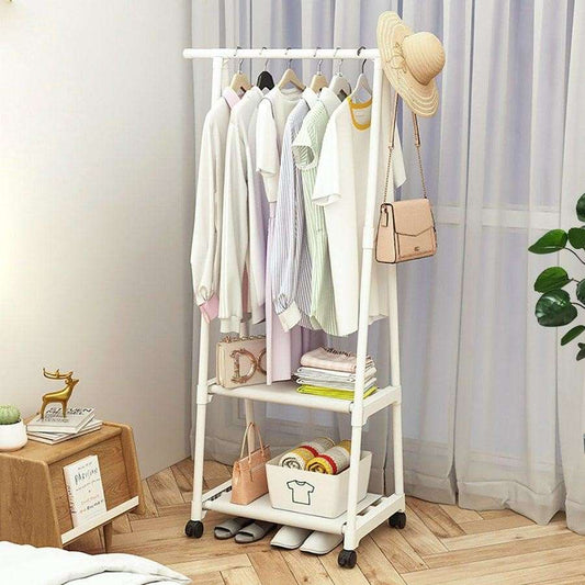 Side view of triangle coat rack showing multi-layer storage shelves