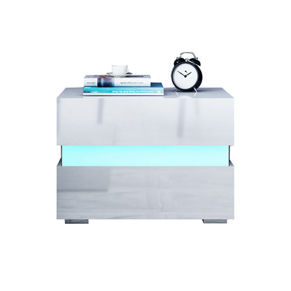 Flush drawer fronts on the white two drawer side table showing clean minimalist panel surface
