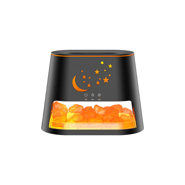 Ultrasonic aroma diffuser in black with salt lamp flame effect on dark background