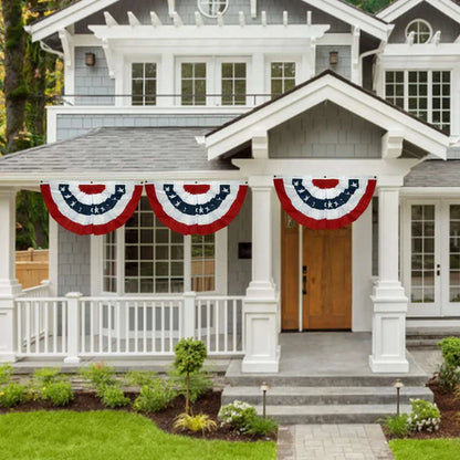 USA flag bunting fan stripes pleated on house exterior display