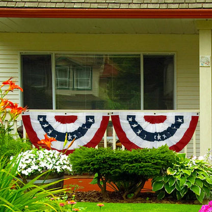 USA flag bunting fan stripes pleated hung on porch railing display