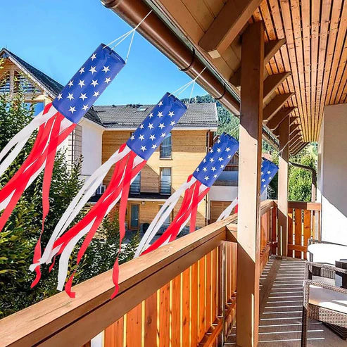 USA flag windsock outdoor decoration hung on balcony railing display