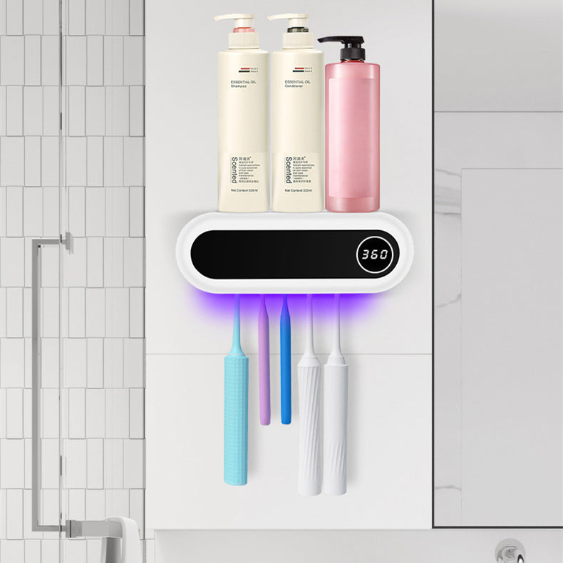UV toothbrush disinfection shelf mounted in bathroom setting