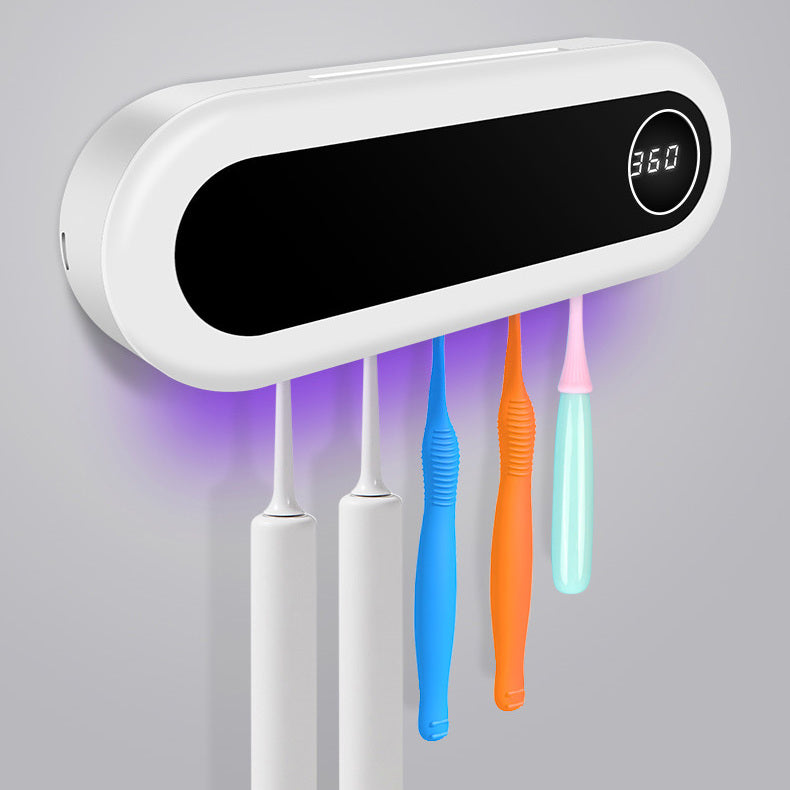 UV punch free toothbrush disinfection shelf with toothbrushes hanging