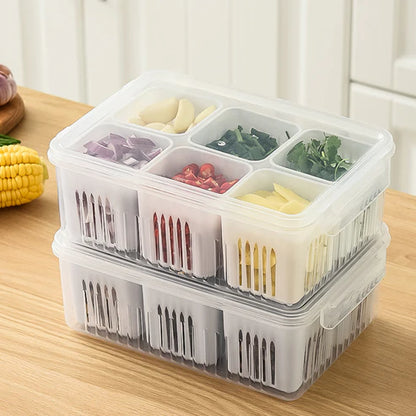 White refrigerator food storage containers stacked showing compact square shape
