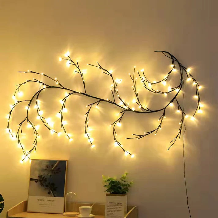 Close up of vine branch LED string lights detail