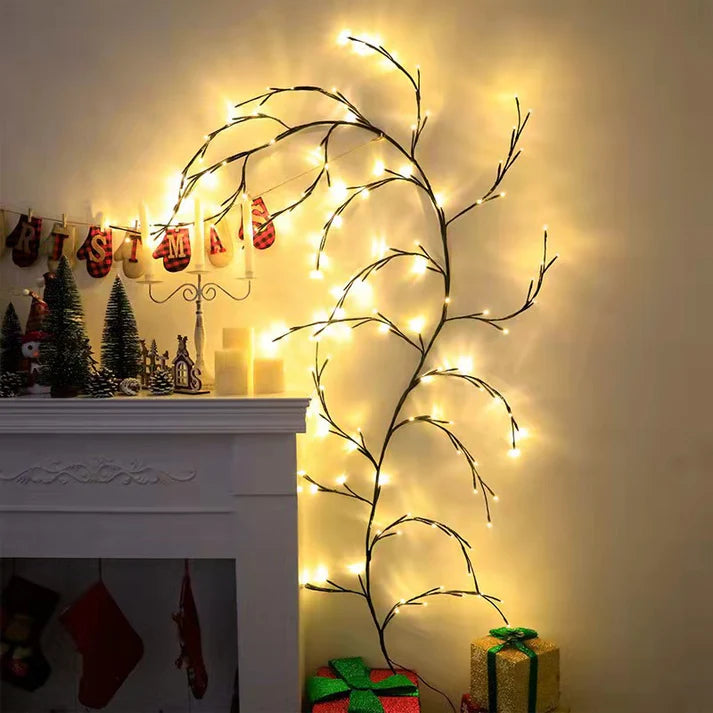 Vine branch LED string lights beside nightstand
