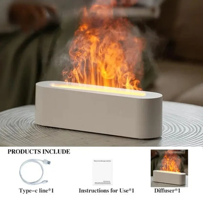 Volcano fire flame air humidifier glowing in dark room setting