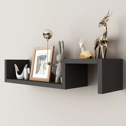 30cm white wall shelf mounted in a bathroom holding small bottles and a folded towel
