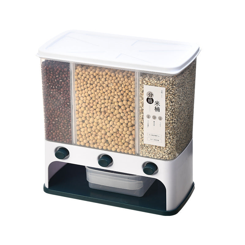 Blue wall mounted grain dispenser filled with rice