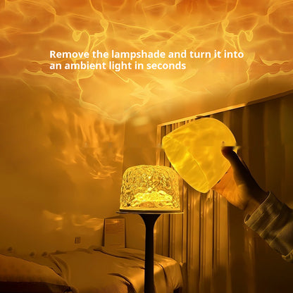 Water ripple table lamp projecting warm amber ambient light on wall