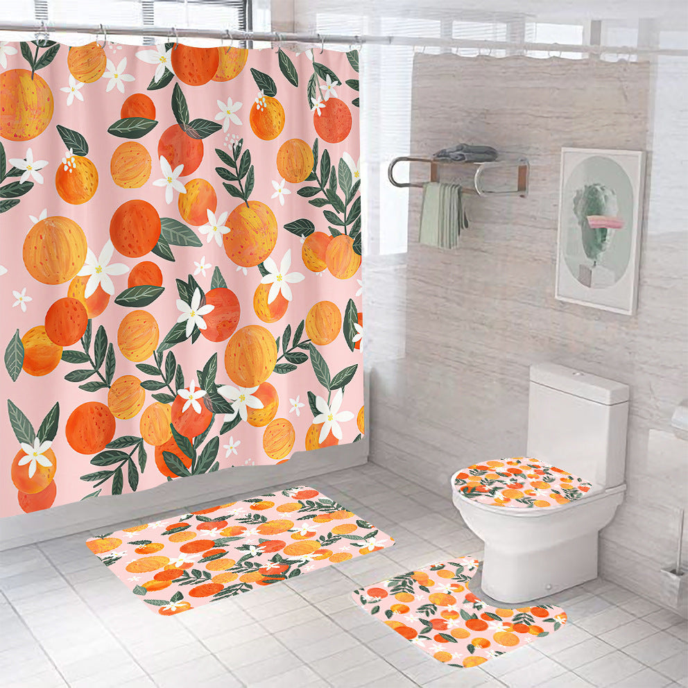 Watercolor botanical nature print shower curtain hanging in a spa style modern bathroom
