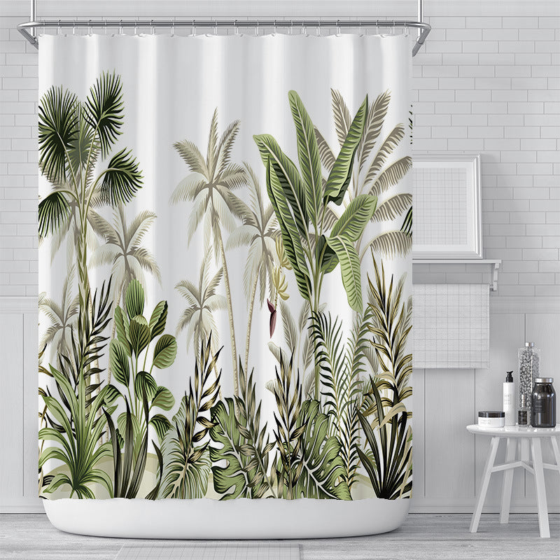 Waterproof polyester shower curtain in simple modern design hanging on a standard rod in a clean white bathroom
