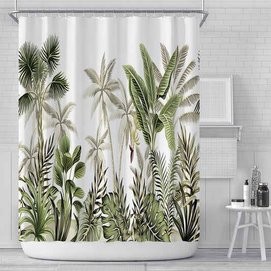 Waterproof polyester shower curtain in simple modern design hanging on a standard rod in a clean white bathroom
