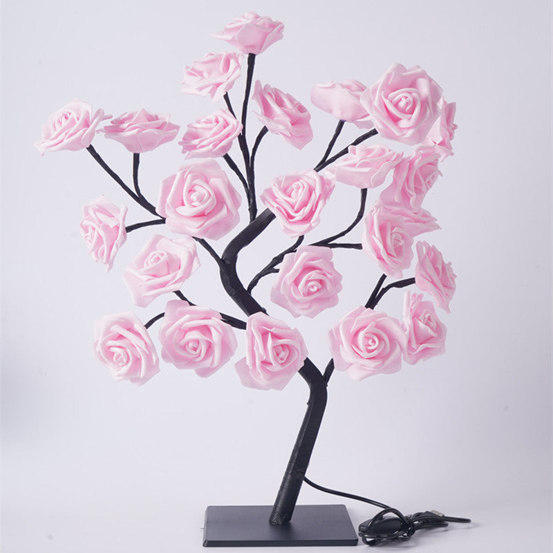 White pink rose fiber optic tree night light desk decor
