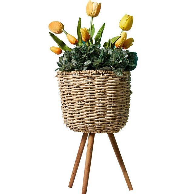 All three sizes of the natural woven straw floor flower pot displayed side by side
